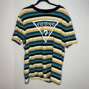 Vintage GUESS USA Originals Shirt Mens L Green White Short Sleeve Striped Retro